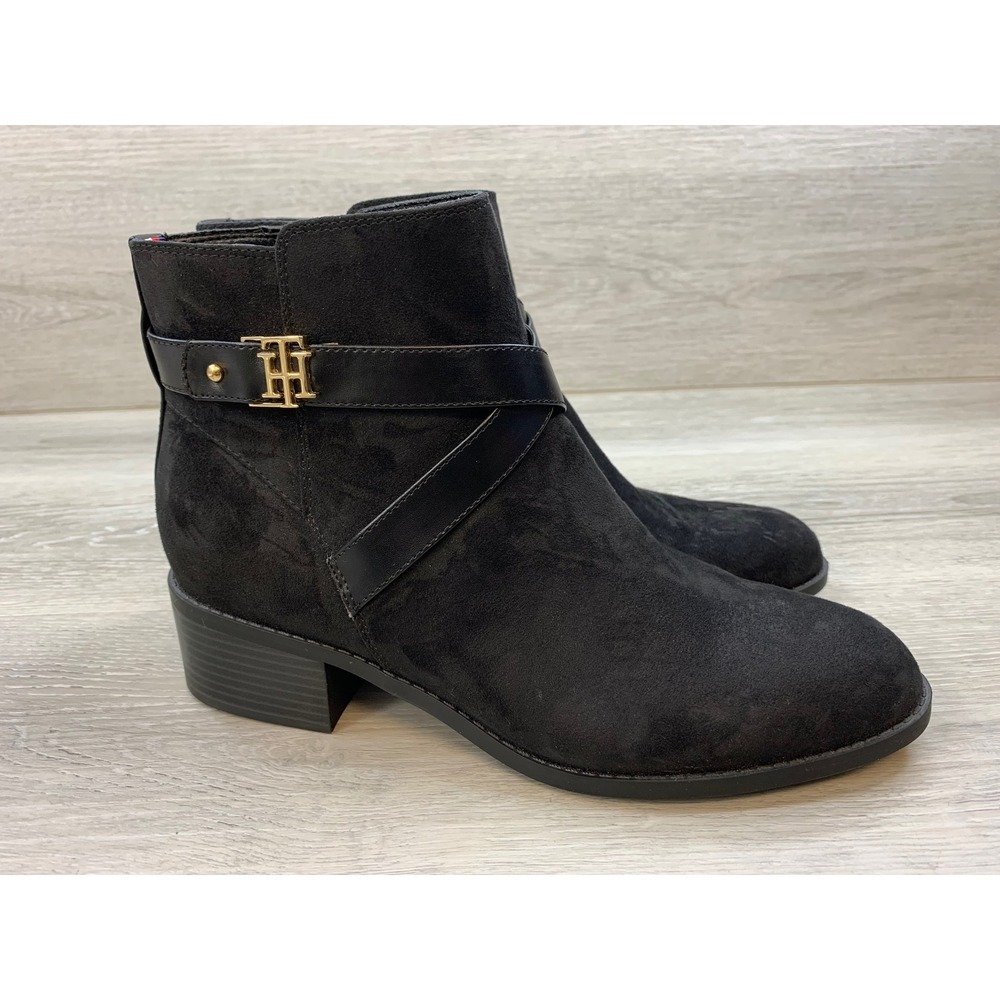 Tommy Hilfiger Women's Black Faux Suede Ankle Boots Gold TH Logo Size 11